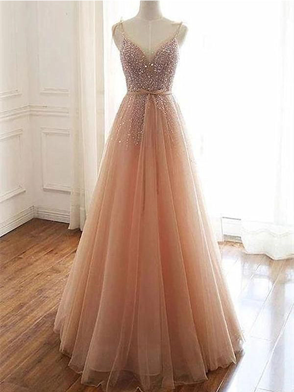 Elegant A-line Spaghetti Straps V-neck Maxi Long Prom Dresses,Evening Dresses,12947