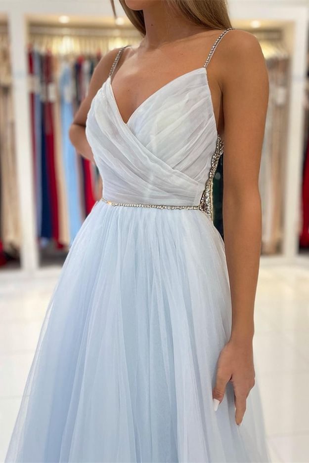 Elegant Blue A-line Spaghetti Straps V-neck Maxi Long Party Prom Dresses,13085