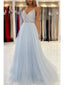 Elegant Blue A-line Spaghetti Straps V-neck Maxi Long Party Prom Dresses,13085