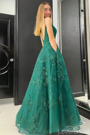 Emerald Green A-line Spaghetti Straps V-neck Cheap Long Prom Dresses,12666