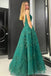 Emerald Green A-line Spaghetti Straps V-neck Cheap Long Prom Dresses,12666