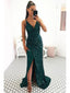 Emerald Green Mermaid Spaghetti Straps V-neck High Slit Long Prom Dresses,12632
