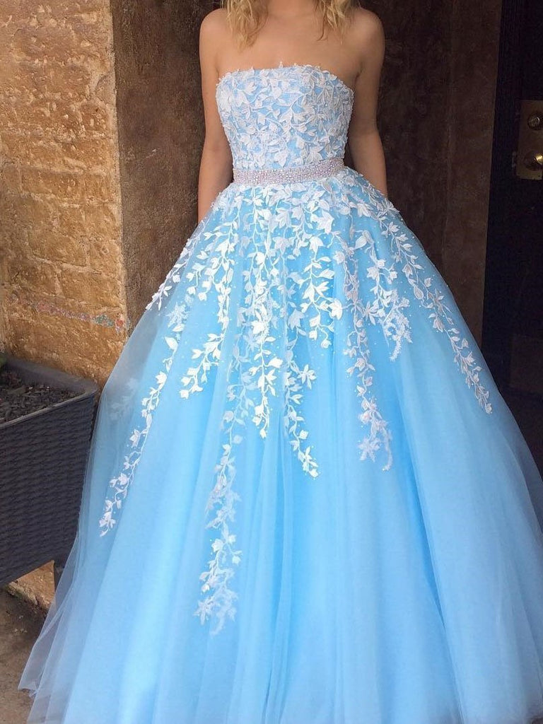Fashion Strapless Lace Beaded Light A line Long Evening Prom Dresses, 17353
