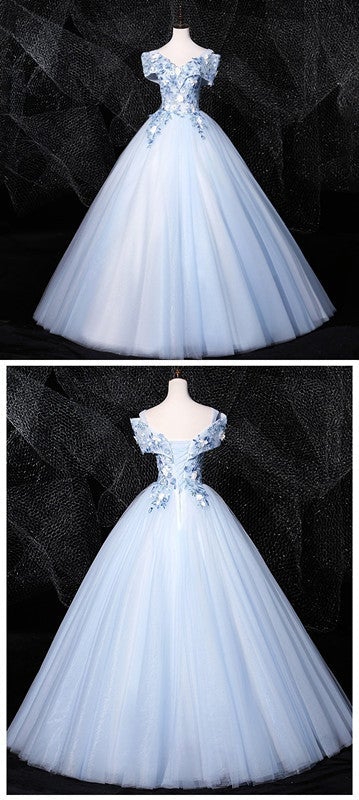 Floral Blue A-line Off Shoulder Long Prom Dresses Online, Dance Dresses,12606