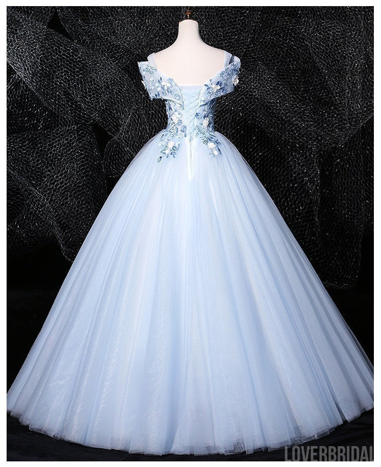 Floral Blue A-line Off Shoulder Long Prom Dresses Online, Dance Dresses,12606