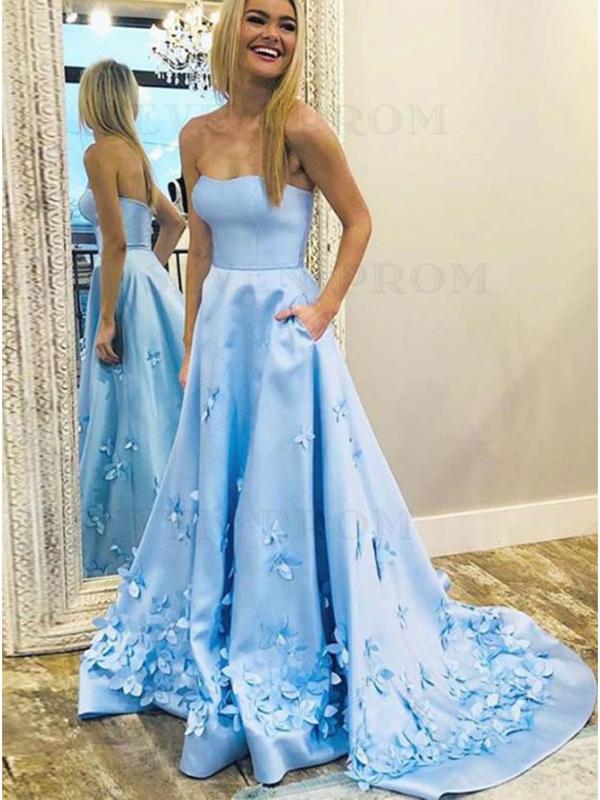 Floral Blue A-line Sweetheart Cheap Long Prom Dresses Online, Dance Dresses,12407