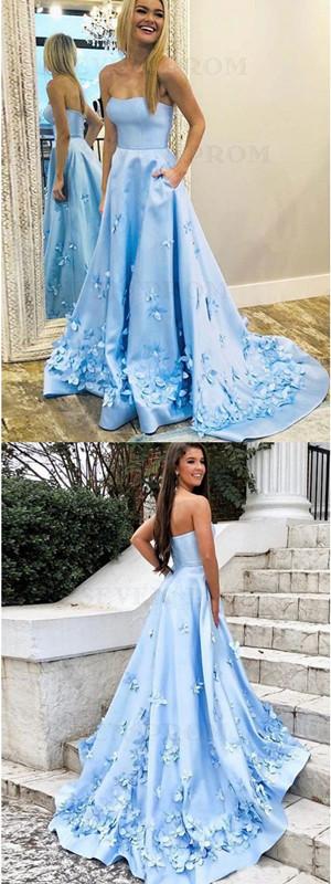 Floral Blue A-line Sweetheart Cheap Long Prom Dresses Online, Dance Dresses,12407