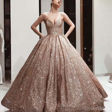Gold Sequin Ball Gown Sparkly Long Evening Prom Dresses, Evening Party Prom Dresses, 18619