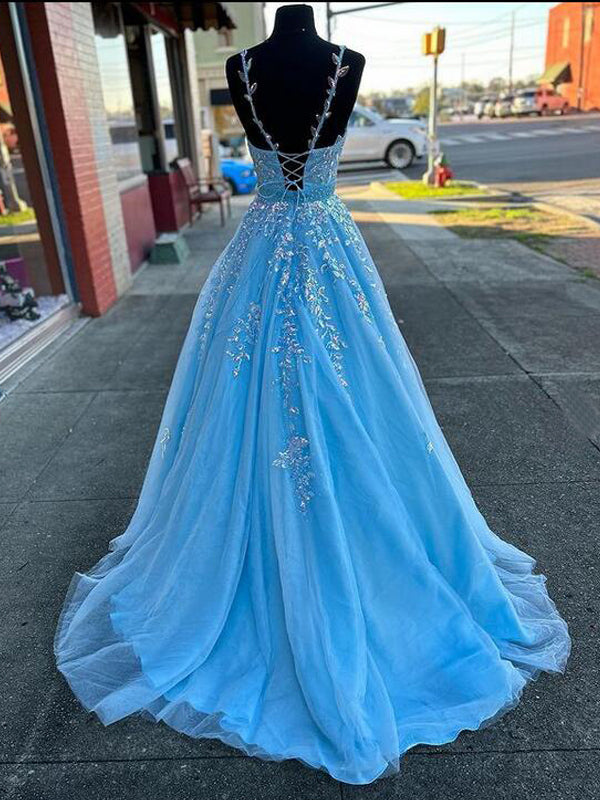 Gorgeous Blue A-line Spaghetti Straps V-neck Maxi Long Prom Dresses,12984