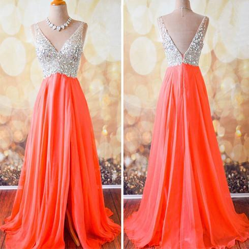 Gorgeous Coral Formal A Line V Neck Side Split Shinning Long Prom Dresses, WG202