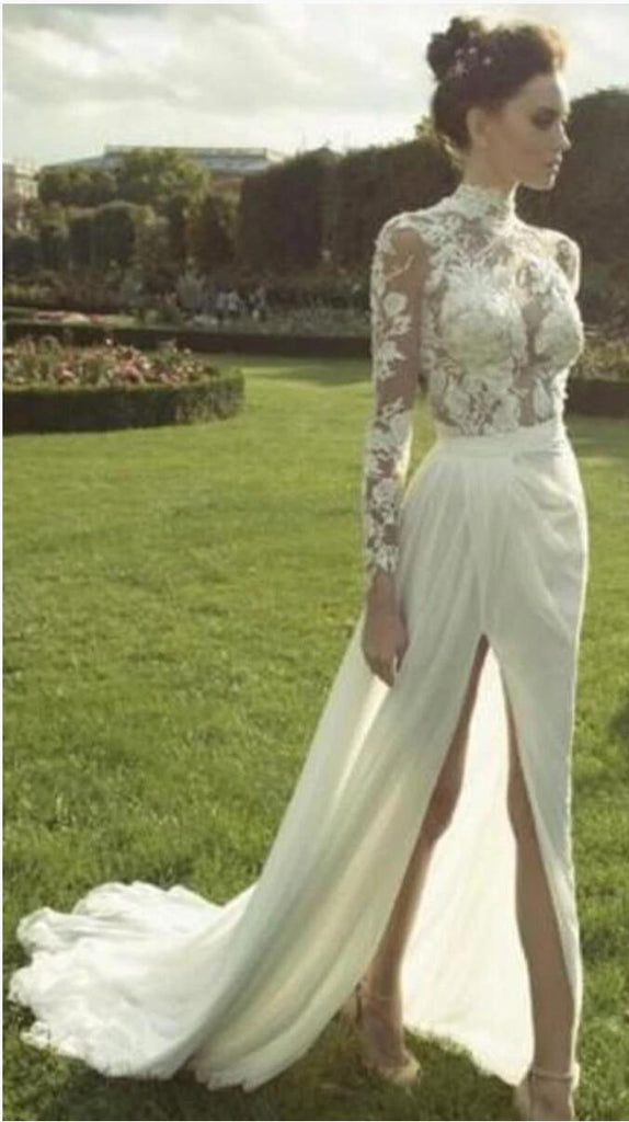 Gorgeous High Neck Long Sleeve See Through Lace Top Side Slit Chiffon Wedding Dress, WD0110