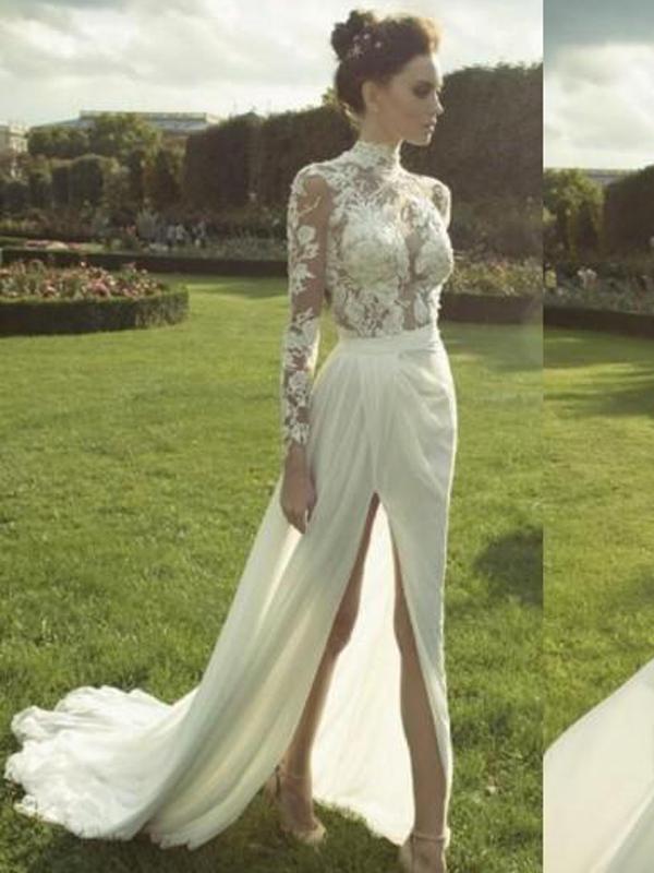 Gorgeous High Neck Long Sleeve See Through Lace Top Side Slit Chiffon Wedding Dress, WD0110