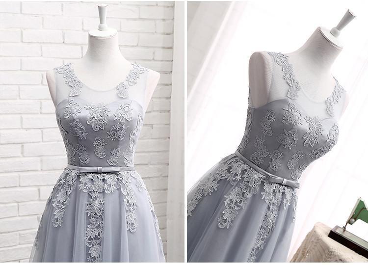 Gray Lace A line Long Bridesmaid Dresses, Cheap Custom Long Bridesmaid Dresses, Affordable Bridesmaid Gowns, BD019