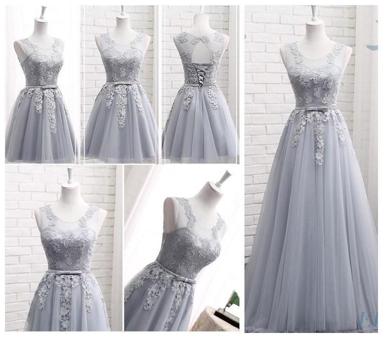 Gray Lace A line Long Bridesmaid Dresses, Cheap Custom Long Bridesmaid Dresses, Affordable Bridesmaid Gowns, BD019