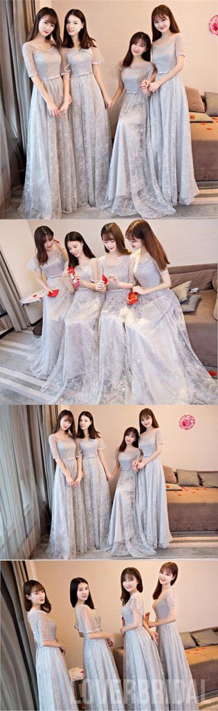 Gray Lace Short Sleeve Long Bridesmaid Dresses, Mismatched Custom Long Bridesmaid Dresses, Cheap Bridesmaid Gowns, BD0001