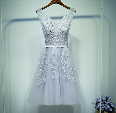 Gray Lace V Neckline Beaded Homecoming Prom Dresses, Affordable Corset Back Short Party Prom Dresses, Perfect Homecoming Dresses, CM258