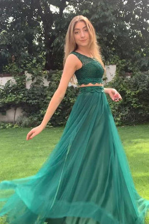 Green A-line Two Pieces Sleeveless Cheap Long Prom Dresses Online,12538
