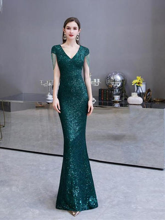 Green Mermaid Sequin V-neck Cap Sleeves Long Party Prom Dresses Online,12362