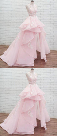 Halter Lace High Low Pink Organza Long Evening Prom Dresses, Cheap Custom Sweet 16 Dresses, 18461