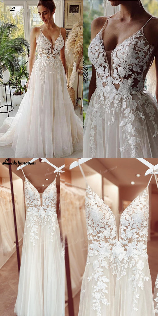 Ivory A-line Spaghetti Straps V-neck Handmade Lace Wedding Dresses,WD780