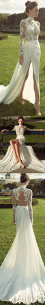 Ivory High Neck Long Sleeves See Through Applique Side Split Sexy Long Prom Dresses, Wedding Dress, WG265