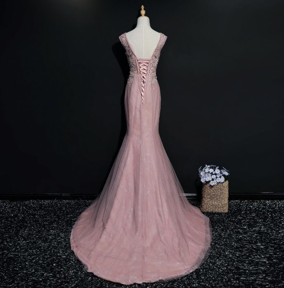 Lace Mermaid Cap Sleeve Scoop Neckline Unique Long Evening Prom Dresses, Popular Party Prom Dresses, Custom Long Prom Dresses, Cheap Formal Prom Dresses, 17217