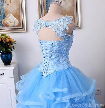 Lace Straps Blue Ball Gown Long Evening Prom Dresses, Cheap Custom Sweet 16 Dresses, 18543