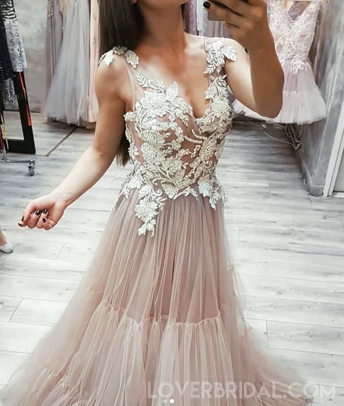 Lace V Neck See Through A-line Long Evening Prom Dresses, Cheap Sweet 16 Dresses, 18411