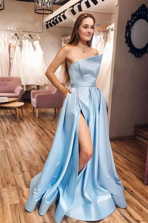 Light Blue Unique Cheap Long Evening Prom Dresses, Evening Party Prom Dresses, 12340