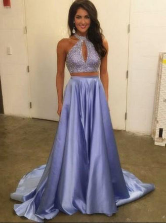 Lilac Halter Two Pieces A-line Beaded Long Evening Prom Dresses, 17583
