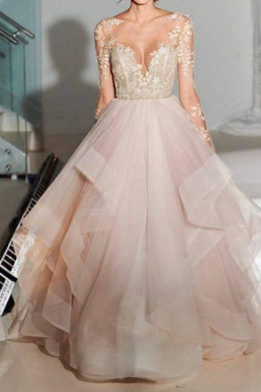 Long Sleeve A line Lace Wedding Dresses,  Sexy Backless Long Custom Wedding Gowns, Affordable Bridal Dresses, 17102