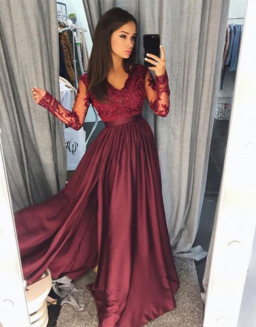 Long Sleeve Lace Dark Red Side Slit A line Long Evening Prom Dresses, Popular Cheap Long Custom Party Prom Dresses, 17336