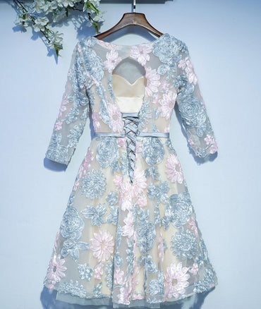 Long Sleeve Lace High Neckline Homecoming Prom Dresses, Affordable Corset Back Short Party Prom Dresses, Perfect Homecoming Dresses, CM252