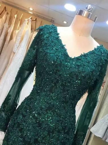 Long Sleeve Lace Mermaid Emerald Green Long Evening Prom Dresses, 17630