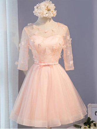 Long Sleeve Light Peach Open Back Lace Cute Homecoming Prom Dresses, Affordable Short Party Prom Dresses, Perfect Homecoming Dresses, CM319