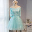 Long Sleeve Mint Lace Tulle Short Homecoming Prom Dresses, Affordable Short Party Prom Sweet 16 Dresses, Perfect Homecoming Cocktail Dresses, CM364