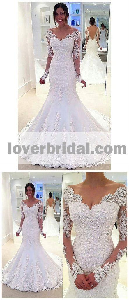 Long Sleeve Off Shoulder Mermaid Lace Custom Wedding Dresses Online, WD349