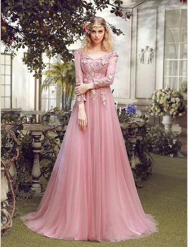 Long Sleeve Pink Lace A line Long Evening Prom Dresses, Popular Cheap Long Party Prom Dresses, 17310