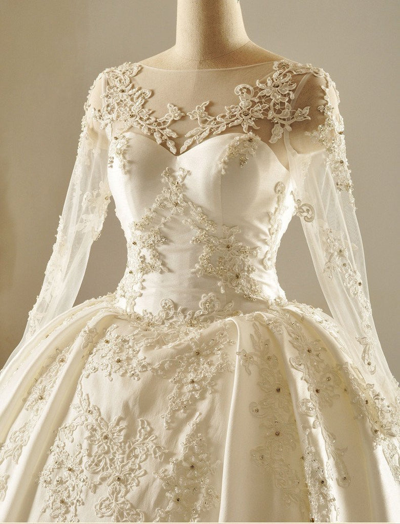 Long Sleeve V Neckline Lace Long Tail Wedding Dresses, Custom Made Wedding Dresses, Cheap Wedding Bridal Gowns, WD221