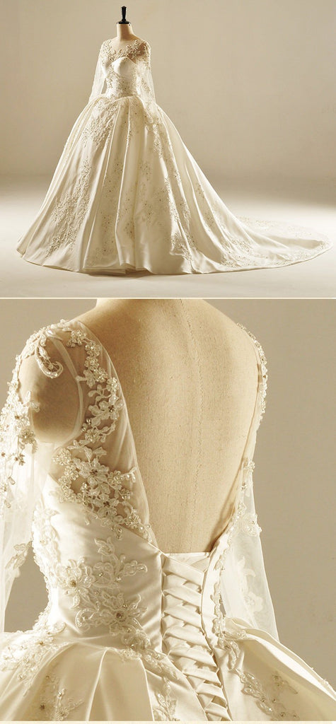 Long Sleeve V Neckline Lace Long Tail Wedding Dresses, Custom Made Wedding Dresses, Cheap Wedding Bridal Gowns, WD221