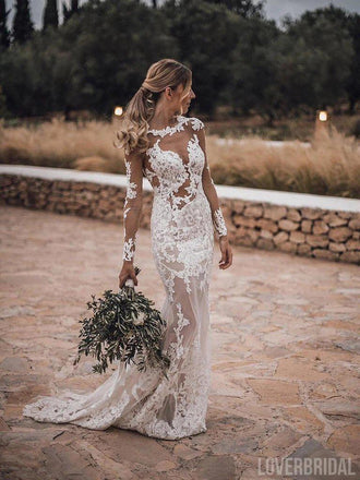 Long Sleeves Backless Lace Mermaid Wedding Dresses Online, Cheap Bridal Dresses, WD627