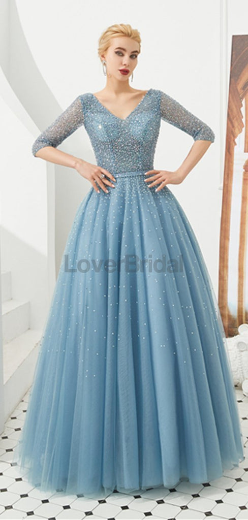 Long Sleeves Blue Beaded A-line Evening Prom Dresses, Evening Party Prom Dresses, 12130