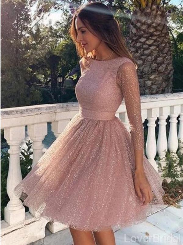 Long Sleeves Dusty Pink Sparkly Short Cheap Homecoming Dresses Online, CM820