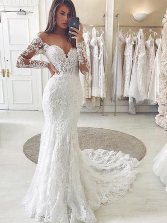 Long Sleeves Off Shoulder V-neck Long Mermaid Lace Wedding Dresses,WD762