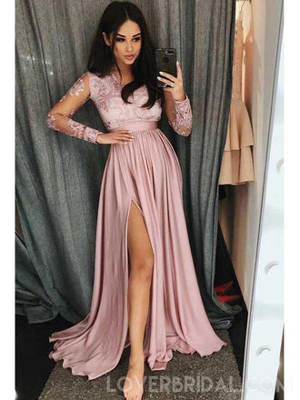 Long Sleeves Side Slit Pink Long Evening Prom Dresses, Cheap Custom Sweet 16 Dresses, 18465