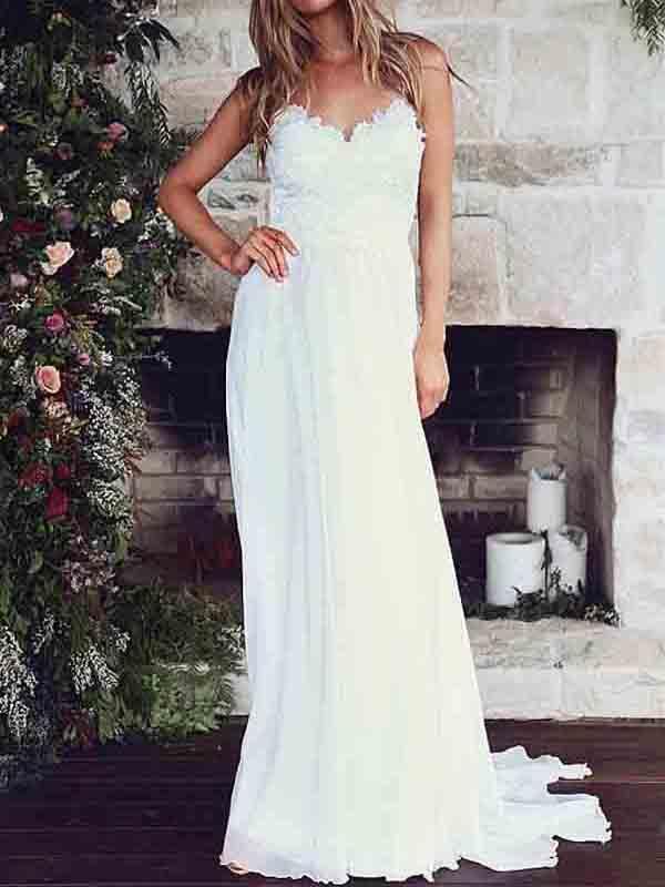 Low Back Spaghetti Straps Lace Bodice Beach Wedding Bridal Dresses, WD285