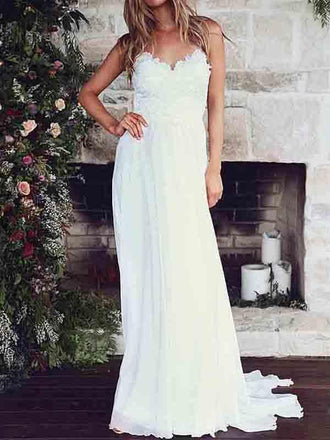 Low Back Spaghetti Straps Lace Bodice Beach Wedding Bridal Dresses, WD285