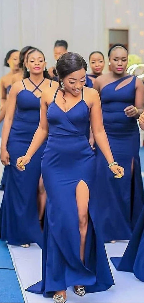 Mermaid Royal Blue Spaghetti Straps High Slit Long Bridesmaid Dresses Gown Online,WG962