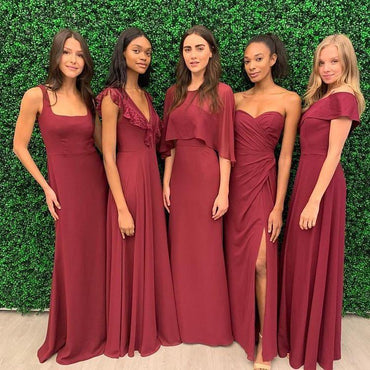 Mismatched Chiffon Dark Red Long Cheap Bridesmaid Dresses Online, WG682