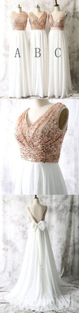 Mismatched Different Styles Sequin Top White Chiffon Sleeveless On Sale Long Bridesmaid Dresses For Wedding, WG17